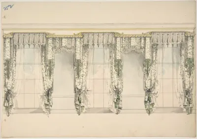 Design for Green and White Curtains with Green Fringes, and White and Gold Pediments