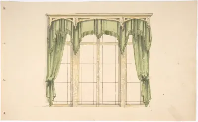 Design for Green Curtains with Green Fringes and a Gold Pediment