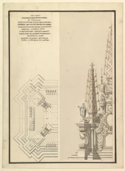 Design for Half Elevation and Half Ground Plan of a Catafalque for Countess Palatine of the Rhine, Theresia Catharine, wife of Count Palatine, Charles Philip III (1716–1742)