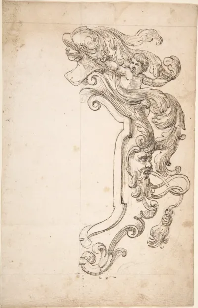 Design for Half of Frame with Helm, Putti, Mask