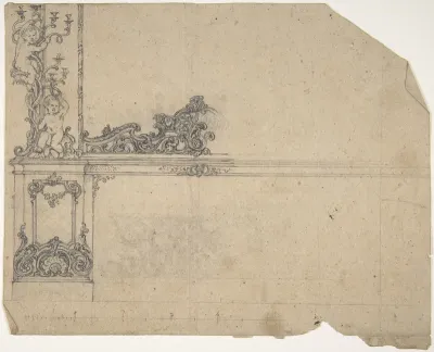 Design for left-hand side of a side-board, framed by sconces with putti