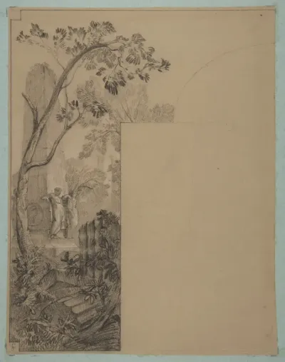 Design for mural decoration surrounding a door: landscape with classical ruins
