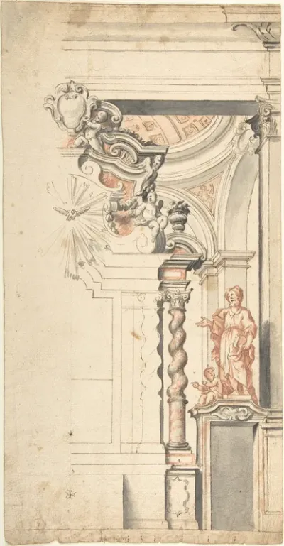 Design for One Half a Chapel with the Dove of the Holy Ghost above the Main Altar, and a Statue of an Evangelist at right