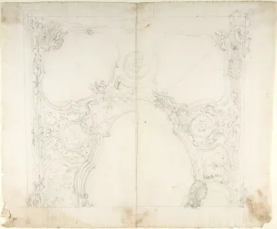 Design for One Half of a Ceiling with Medaillons with Figure Sketches Inside (recto); Design for an Interior Wall Elevation (verso)