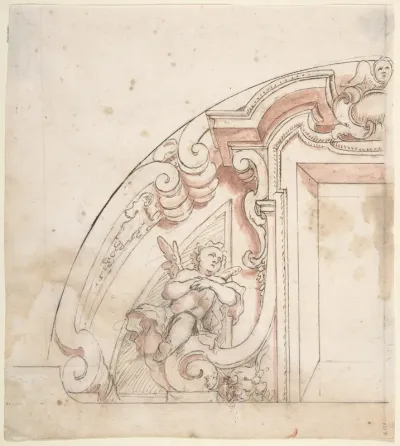 Design for One Half of a Lunette with a Window and Putto at Left