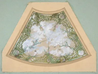 Design for one section of a ceiling painted in trompe l'oeil iron work with flowering vines and birds