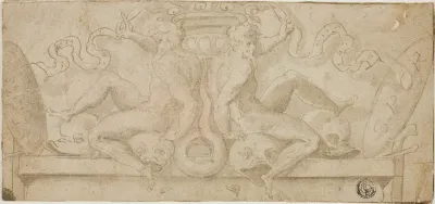 Design for Overdoor: Two Ignudi with Dolphins and Shields