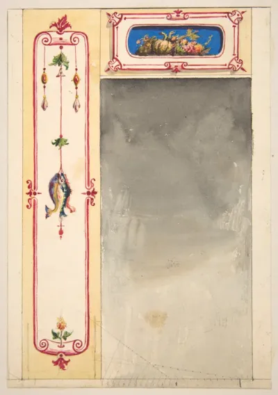 Design for panels framing a mirror decorated with scrolls and clusters of fish and vegetables