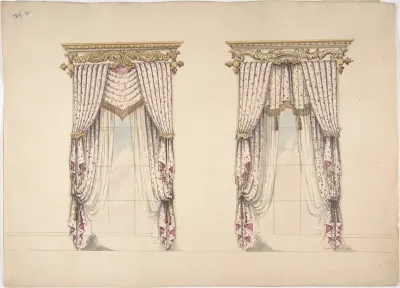Design for Pink and White Curtains with Gold Fringes, and Gold and White