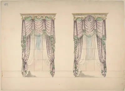 Design for Pink and White Curtains with Green Fringes, and Gold and White Pediments