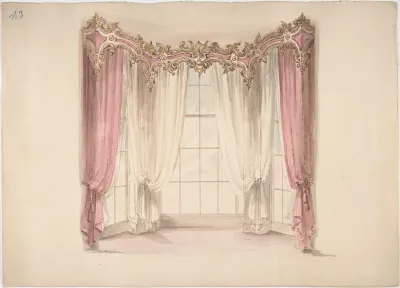 Design for Pink Curtains and White Inner Curtains, with a Gold, White and Pink Pediment