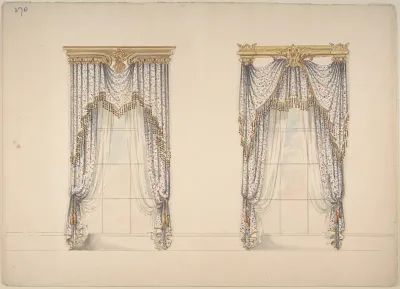 Design for Pink, Green and White Curtains with Gold and Red Fringes, and Gold Pediments