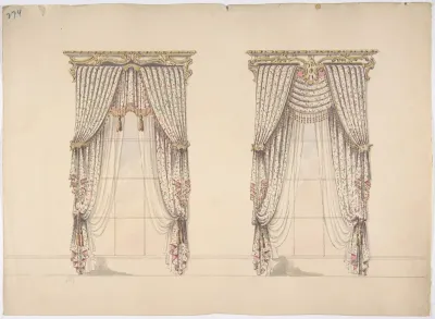 Design for Pink, Green and White Curtains with Pink and Gold Fringes and a Gold and White Pediment