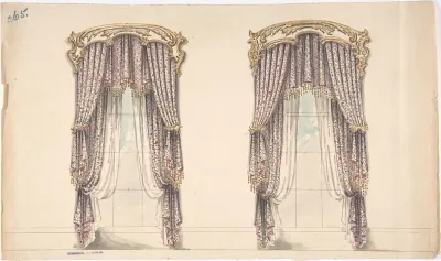 Design for Pink, Mauve and White Floral Curtains with a Gold and White Pediment