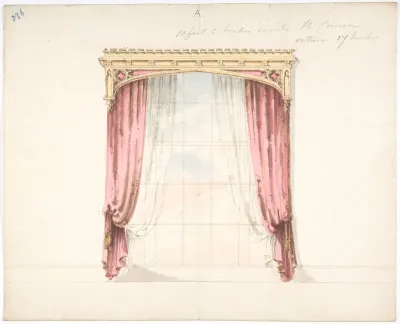 Design for Red Curtains with a Gothic Style Gold Pediment