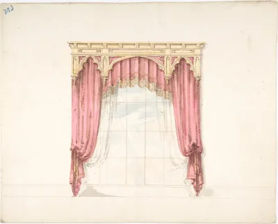 Design for Red Curtains with Gold Fringes and a Gold Gothic Pediment