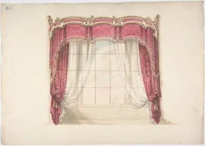 Design for Red Curtains with Gold Fringes and a Gold, Red and White Pediment