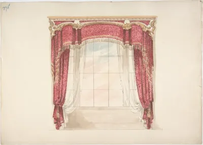 Design for Red Curtains with Gold Fringes and Gold and White Pediment