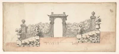 Design for Stairs in a Garden, Ligned with Trelliswork and a Chinese-inspired Gate