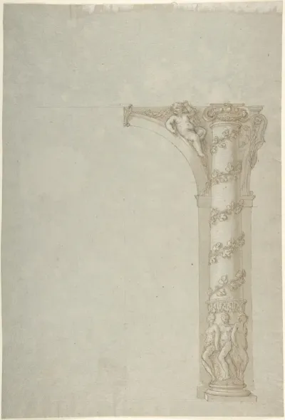 Design for the Bay of an Arcade with Female Figures at the Base and an Arch with a Putto in the Spandrel