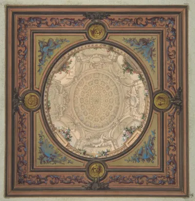 Design for the decoration of a ceiling with a trompe l'oeil painting of a coffered dome