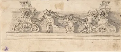 Design for the Decoration of a Cornice with Putti holding a Garland (recto); Red Chalk Sketches (verso)