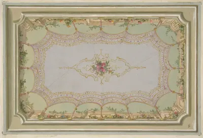 Design for the painted decoration of a ceiling with a trompe l'oeil canopy and roses