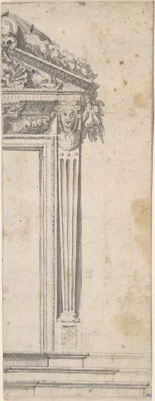 Design for the Right Side of a Door with Pediment and Fluted Pilasters