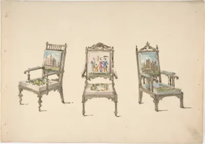 Design for Three Armchairs with Pictorial Upholstery
