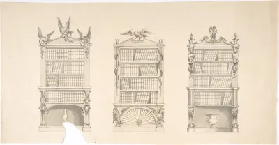 Design for Three Bookcabinets Two Adorned with Eagles and Snakes, the other with Masks, Flames and Grotesques