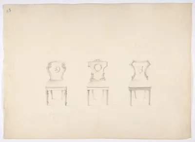 Design for Three Chairs with Arms or Devices on Backs