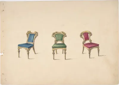 Design for Three Chairs with Blue, Green and Red Upholstery