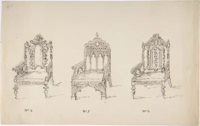 Design for Three Low Gothic or Renaissance Style Arm Chairs