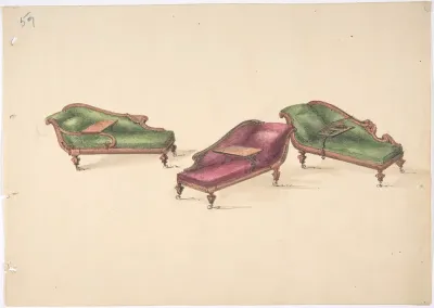 Design for Three Reclined Reading Sofas with Trays, on Casters, Upholstered in Green and Red