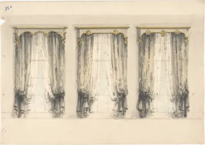 Design for Three Sets of Gray Curtains , with Gray and Gold Pediments