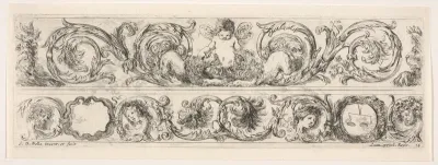 Design for Two Friezes, the One on Top containing a Zephyr flanked by Lions, plate 14 from "Decorative friezes and foliage" (Ornamenti di fregi e fogliami)