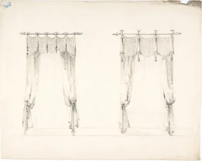 Design for Two Fringed Curtains Handing from Rods (Verso: Sketches)
