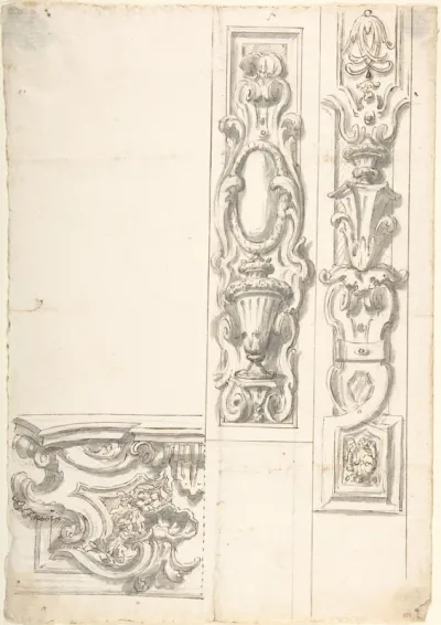 Design for Two Ornamental Upright Panels, and one Ornamental Basamento (?)