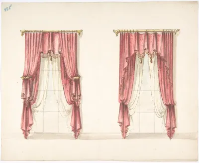 Design for Two Red Fringed and Tasseled Curtains Hanging from Rods