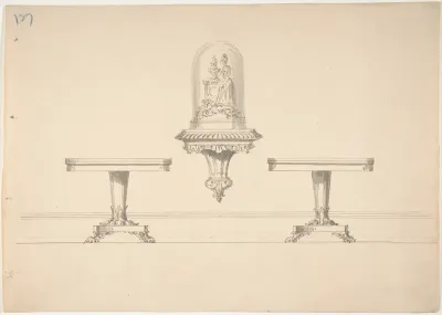 Design for Two Round Pedestal Tables and Rococo-style Carved Shelf Supporting a Clock under Glass