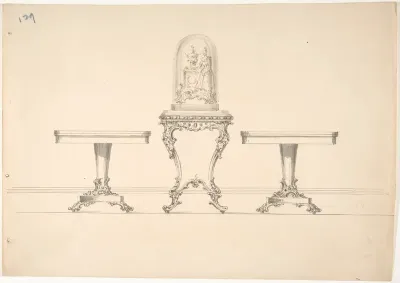 Design for Two Round Pedestal Tables and Square Rococo-style Table Supporting a Clock under Glass