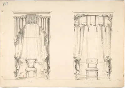 Design for Two Tasseled Curtains, Shown with Chairs