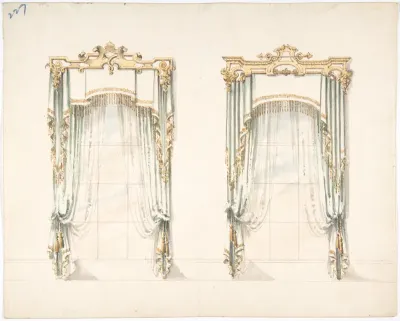Design for Two White Curtains with Gold Fringes and a White and Gold Pelmets