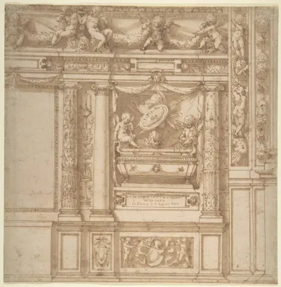 Design for Wall Decoration with a Funeral Monument Decorated with Columns and Putti Holding Garlands