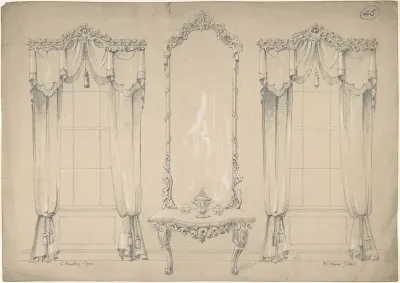 Design for Wall with Two Windows, Side Table, and Mirror