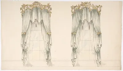 Design for White Curtains with White Fringes and a Gold and White Pediment