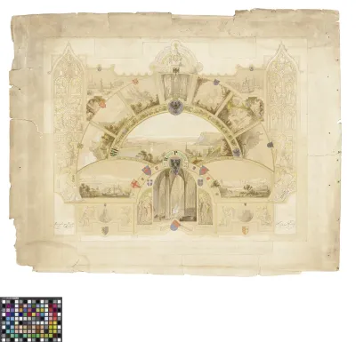 Design for window or commemorative print with views of German towns