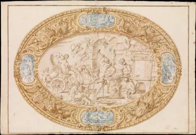Design (Full-Scale Working Drawing) for a Large Oval Silver Dish with Silver Gilt Border Showing Vulcan's Forge