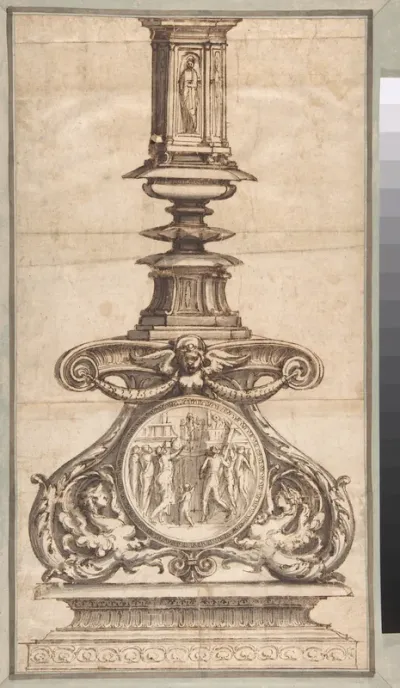 Design of a Candlestick with Winged Figures at Base Surrounding Scenic Medallion