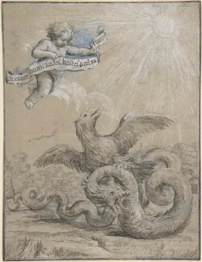 Design with an Eagle Fighting with a Serpent and a Putto in the Sky Holding an Inscribed Banner